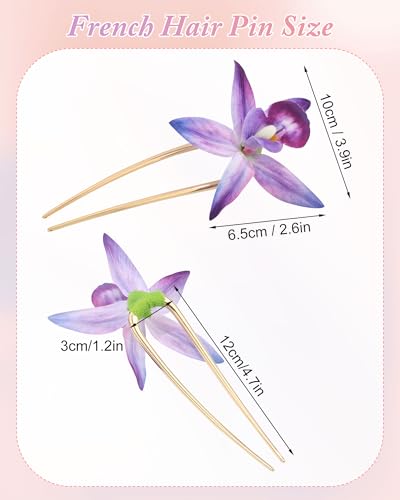 WELROG 3 Pack Hawaiian Orchid Flower Hair Pins,Metal Hair Sticks for Beach Vacation,Non-Slip Fork for Thick Hair Updo - color: Purple+Pink+Green
