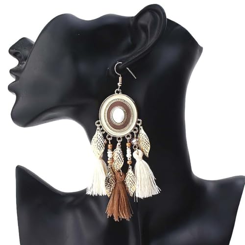 Bohemian Silk Tassels Statement Earrings Vintage Lightweight Gold Leaf Geometric Handmade Beads Drop Dangle Earring Ethnic Style Trendy Jewelry Accessories for Women - color: Beige