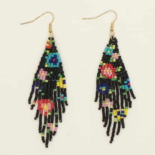 Flower Black Beaded Long Tassel Western Native American Earrings For Women Dangling - color: flower
