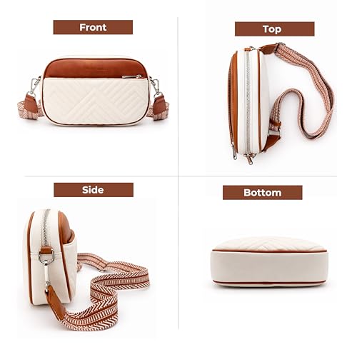 Vantamo Premium Quilted Crossbody Bags for Women with Anti-Pickpocket Clip, Vegan Leather Handbags, Travel Purses for Women - color: White & Brown With Jacquard Strap
