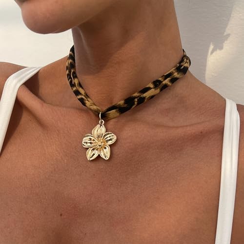 Scarf Necklace with Charm Gold Starfish Chunky Cross Heart Flower Pendants Bandana Charm Necklace Western Scarf for Women Boho Cowgirl Country Cowboy Accessories Beach Vacation Vacation Outfits Jewelry - color: A7-Scarf Necklace With Flower Charm