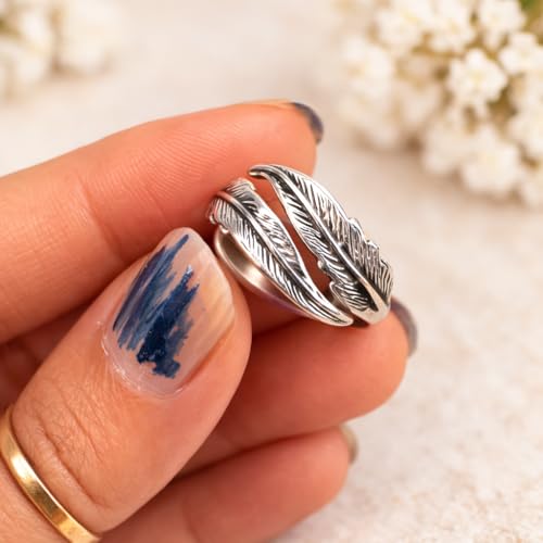 Silver Plated Feather Ring | 925 Silver Adjustable Open Ring | Vintage Leaf Design Inspirational Jewelry for Men & Women | Hypoallergenic Boho Statement Ring - color: Plain leaf