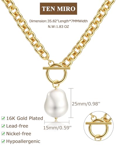 TEN MIRO 16k Gold Plated Chunky Gold Plated Necklace for Women Non Tarnish, 36'' /92cm Long Chunky Heart Necklace layered Puffy Heart Necklaces Long Thick Pendant Bold Statement Necklaces for Women Trendy - style: Chunky gold plated pearl necklace