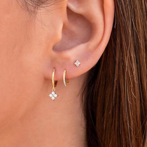 3 Pairs Small Earring Stacks, 14K Gold/Silver/Black/Rose Gold Plated Pearl Heart Butterfly Star Diamond Charm Drop Huggie Earrings Trendy Jewelry Gift for Women - color: Gold-Four Leaf