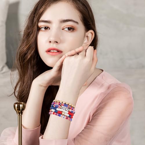 GOOJIDS Surfer Heishi Clay Bead Bracelets for Women Bohemian Stackable Gold Plated Beaded Stretch Bracelets Elastic Layering Friendship Bracelets Set Boho Jewelry - color: D-Flag 2