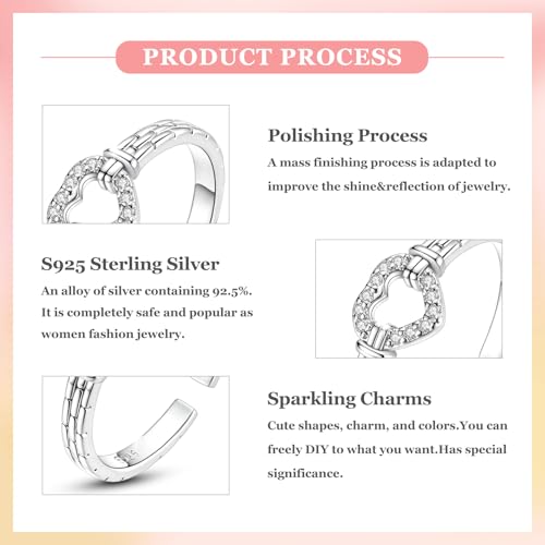 PARCOM Adjustable Women Stackable Ring, 925 Sterling Silver Open Rings - Trendy Eternity Cubic Zirconia Stackable Band Engagement Promise Ring for Her, Hypoallergenic Non Tarnish Nature Bird Floral Thumb Rings - color: Heart Link