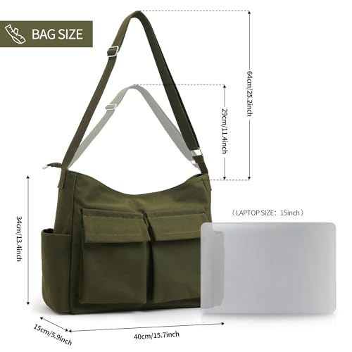 KALIDI Canvas Tote Bag Large Hobo Crossbody Shoulder Handbag Zipper Messenger Bag for Women or Men Casual College Work - color: Upgraded Army Green
