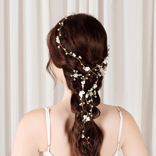 BEAYFILY Bridal Wedding Hair Vine,Extra Long Pearl and Crystal Beads Bride Head Piece,Silver Hair Accessories for Women and Girls (Golden) - color: Golden