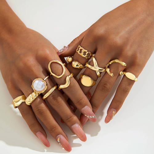 Chunky Gold Rings for Women Non Tarnish Boho Stackable Rings Set Adjustable Open Joint Finger Midi Knuckle Ring Packs - color: Gold Chunky Rings 12Pcs