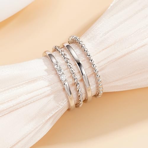 WEDDINEN 4PC Gold Rings for Women, S925 Sterling Silver 14k Gold Filled Plated Stackable Thin Thumb Ring Set Cubic Zirconia Dainty Stack Gold Knuckle Rings Set Size 6-10 - color: Silver, size: 7