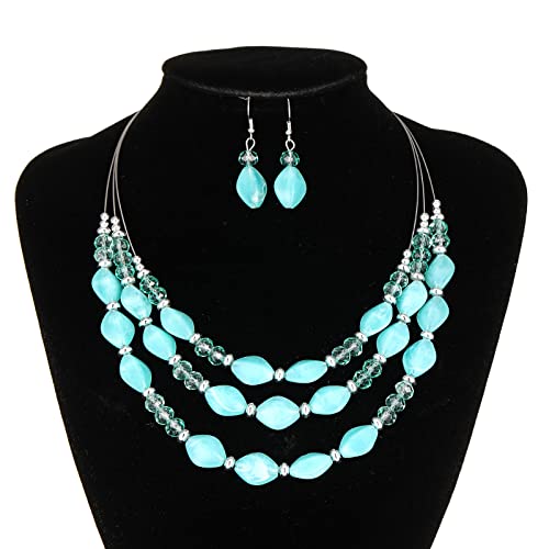 3 Layered Chunky Statement Necklace for Women Beaded Strand Necklaces with Earring Fashion Costumes Collar Necklace Jewelry Sets Gifts for Women - color: Turquoise