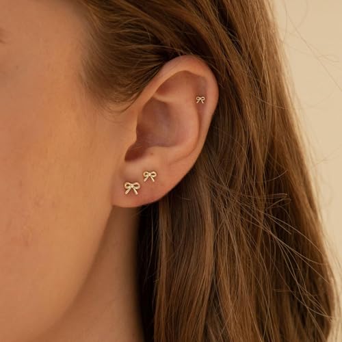 VRIUA 20G Tiny Flat Back Earrings for Women - 14K Gold/Silver Plated Small Flat Back Stud Earrings Hypoallergenic Cartilage Helix Piercing Jewelry - color: 4/5/6mm-Bow Flat Gold