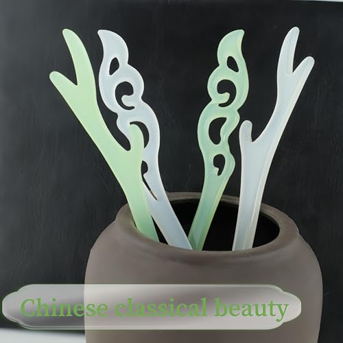 4Pcs Elegant Chinese Hair Sticks for Women, 2 Styles Green White Translucent Colors Hair Pins for Buns Updo Holder， Vintage Faux Jade Chopsticks Headpieces for Hanfu Cheongsam Daily Outfits
