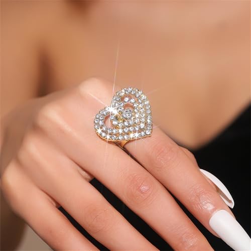 Sparkling Rhinestone Ring Bohemia Thick Large Oval Geometric Ring Square Princess Rings Fashion Heart Zircon Crystal Ring Prom Wedding Party Ball Rings for Women - color: Heart-shaped