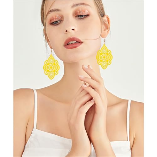 Bohemian Wood Earrings Natural Retro Lightweight Hollow Pattern Geometric Wooden Dangle Drop Earrings Statement Vintage Jewelry - color: Yellow