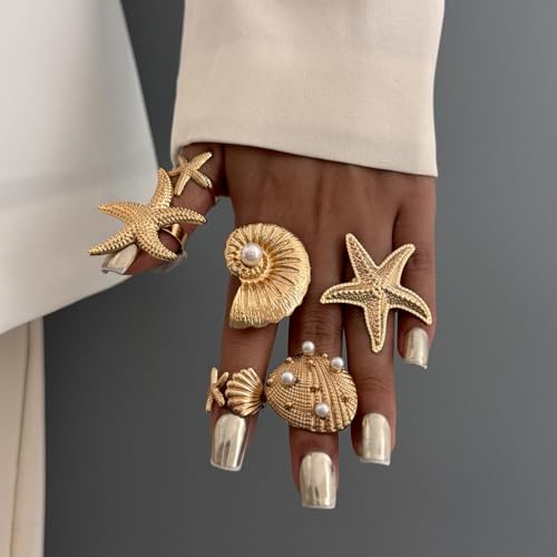MIFYNN Chunky Gold Starfish Seashel Ring for Women Dainty Conch Pearl Ring Set Boho Ocean Stackable Rings Fashion Adjustable Beach Statement Rings Set Summer Charm Jewelry for Women - color: Gold-6Pcs