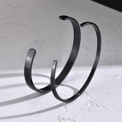 MEALGUET Stainless Steel Mens Cuff Bracelet : Minimal Cool Silver/Black/Gold Plated Open Metal Cuff Bangle Bracelets for Men,Mens Bracelet Jewelry Gift - color: Black-2-Pack, size: Large( fit 7" to 8.5" wrist)