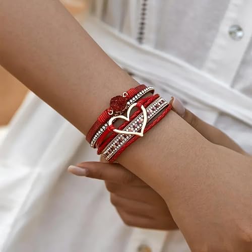 Long tiantian Leather Bracelets for Women Warp Bracelet Stackable Boho Layered Bracelet Chunky Heart Trendy Birthday Gifts for Her - color: A9:Western Bracelets for Women(Red)