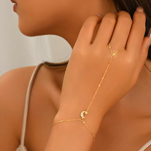 925 Sterling Silver Hand Chain Bracelet for Women,Non Tarnish 14k Gold Plated CZ Crystal Heart Starburst Ring Bracelets Hand Chain Dainty Diamond Layered Stackable Link Chain Beach Waterproof Graduation Wedding Gifts - color: GoldE
