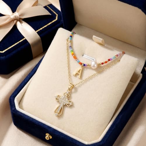 Colorful Pearl Beaded Initial Choker Necklaces for Women, Boho Handmade Personalized Seed Beads Letter Name Necklace Beach Surfer Bohemian Jewelry Gift - color: Cross A