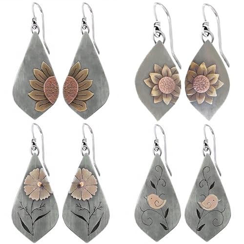 Boho Earrings, Statement Earrings, Teardrop Sunflower Earrings, Dangle Ethnic Earrings for Women, Handmade Bohemian Trendy Boho Vintage Jewelry - style: Sunflower & Bird
