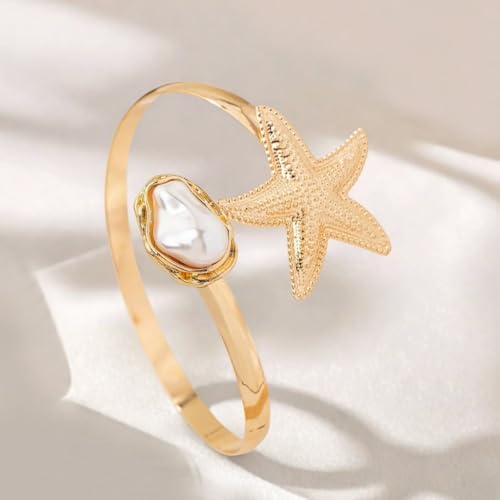 Vivian&CD 14K Gold Plated Starfish Arm Cuff for Women, Adjustable Upper Arm Bracelet Boho Beachy Statement Jewelry Summer Ocean-Themed Armband for Parties & Vacations - style: Peal