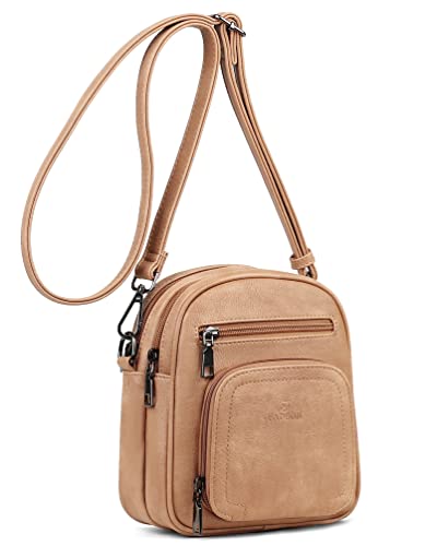 FADEON Small Purses for Women Crossbody Bags, Designer PU Leather Mini Cross Body Purse Travel Shoulder Bag Card Slots - color: Camel Brown Retro Style