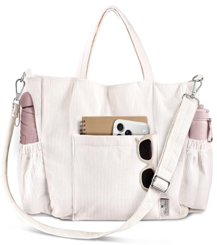 Miss Adola Crossbody Corduroy Tote Bag for Women, Large Tote Bag with Multi-Pockets and Zipper for Travel Work - color: Cream-white