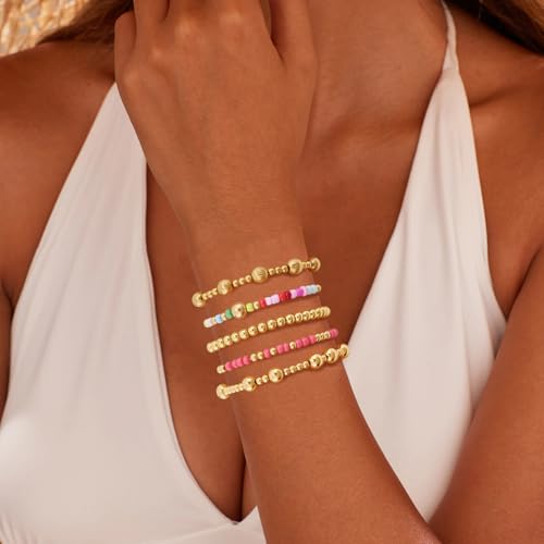 VIBILIA Gold Beaded Bracelets Set for Women 14K Gold Plated Dainty Pearl Cross Bracelet Stack Stretch Bracelet Set Fashion Accessories Gifts - color: 5P-XY-3798-Color