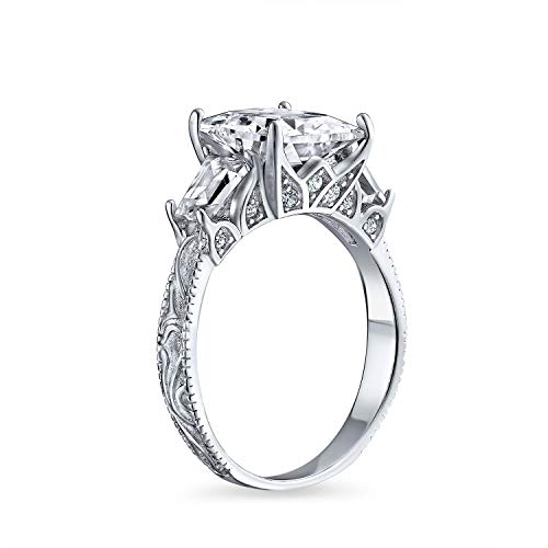 Bling Jewelry Personalize Vintage Antique Style 3CT AAA CZ Baguette Side Stones Solitaire Square Brilliant Princess Cut Engagement Ring Milgrain Filigree Band .925 Sterling Silver Customizable