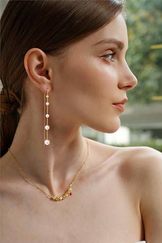 NECOCY Gold Dangle Earrings for Women Non Tarnish 14K Gold Plated Drop Wedding Hypallergenic Earring Dainty Long Hanging Chain CZ Pearl Threader Earrings Trendy Silver Plated Jewelry for Women - style: Gold&Style1