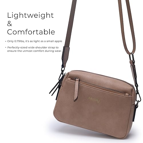 Alldaily Small Triple Zip Crossbody Purse for Women, Vegan Leather Phone Bag with Wide Shoulder Strap - color: Beige