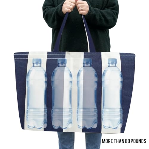 Large Canvas Tote Bag-Extra Big Shopping Beach Totes Bags Reusable Largest Grocery Plain Solid Bag 28"x8"x16" - color: Blue White Stripe