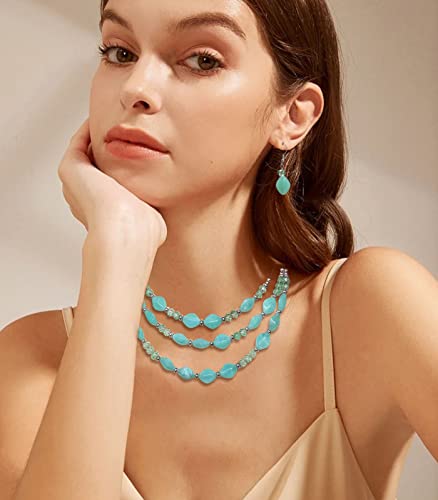 3 Layered Chunky Statement Necklace for Women Beaded Strand Necklaces with Earring Fashion Costumes Collar Necklace Jewelry Sets Gifts for Women - color: Turquoise