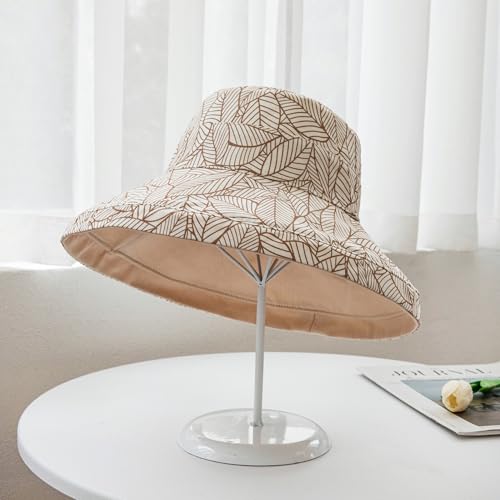 HUAMULAN Women Summer Sun Hat Wide Brim Wired Edge Floral Beach Bucket Hats Reversible Foldable Travel UV Protection Lady Hat - color: Beige