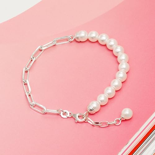 LeCalla Pure 925 Sterling Silver Italian Paperclip Link Chain Bracelets | Gold Over Silver Paper-Clip Link Station Bracelet | Sliding Bolo Bracelet for Women - color: Pearl Paperclip Link