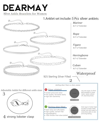 DEARMAY 14K Gold Plated Ankle Bracelets for Women Waterproof - Dainty 6Pcs Anklets Layered Cuban Link Chain Herringbone Cute Anklets Set Pack Summer Beach Jewelry Gift for Women Teen - color: Silver Anklet B