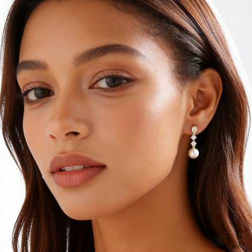 Pearl Earrings for Women Dainty Diamond Pearl Drop Earrings 14k Gold Plated Dangle Earrings for Women Weddings Gifts Bridesmaid Gifts - color: C-gold pearl earrings