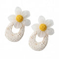 Woven Raffia Rattan Earrings for Women, Boho Flower Hoop & Drop Dangle Earrings Collection, Handmade Summer Beach Vacation Statement Earrings for Party Daily Wear - color: White Daisy Woven Hoop