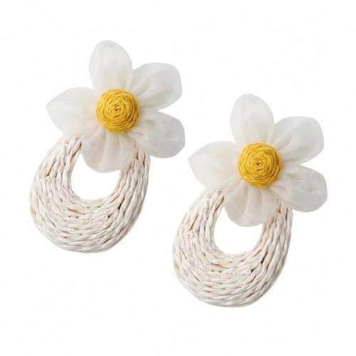 Woven Raffia Rattan Earrings for Women, Boho Flower Hoop & Drop Dangle Earrings Collection, Handmade Summer Beach Vacation Statement Earrings for Party Daily Wear - color: White Daisy Woven Hoop