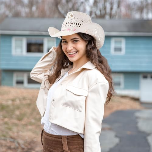 TOVOSO Western Cowgirl Hat, Straw Cowboy Hat for Women with Shapeable Brim, Beaded Hearts Trim, Shapeable Cowboy Hat - color: White With Pink Trim