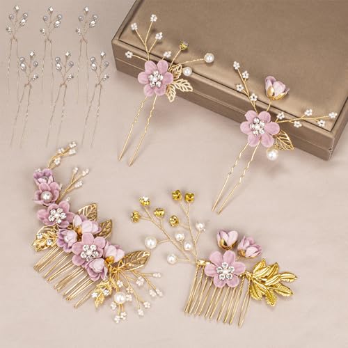 10PCS Floral Hair Comb Set for Women - Baby Purple Flower Hair Accessories, Victorian Hair Clips for Wedding, Prom, Mother of Bride, Flower Girl (Rose Gold, Fake Flowers) - color: Purple-F10
