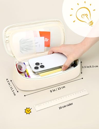 SUNEE Cute Pencil Case, Aesthetic Pen Pouch, Colored Large Pencil Bag with Zipper, Kawaii Stationery Storage and Organizer, School Supplies for Teen and Adult Girls, Beige - color: Beige