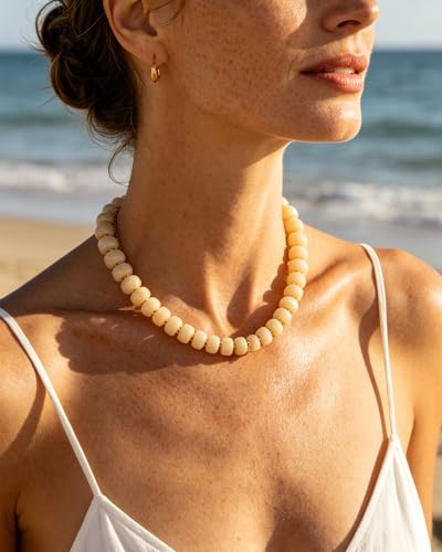 Chunky Beaded Statement Necklace for Women Trendy Colorful Boho Resin Bead Choker Necklaces Summer Handmade Jewelry Gifts Accessories - color: Beige -1
