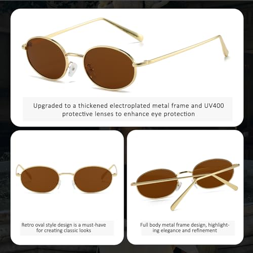 Retro Oval Sunglasses for Women Men 90s Trendy Small Round Gold Sun Glasses Fashion Narrow Metal Frame Shades - color: A2 Gold/Brown