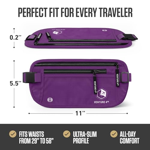 VENTURE 4TH Money Belt for Travel – Slim Hidden Under-Clothes RFID Blocking Anti-Theft Passport Holder & Travel Wallet Pouch for Men & Women to Protect Cash, Cards & Documents (Purple) - color: Purple