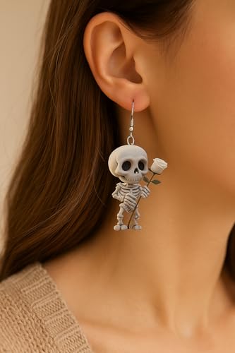 Halloween Skeleton Earrings for Women – Cute Spooky Skull Dangle Earrings with Red Rose, Gothic Creepy Cute Acrylic Statement Jewelry - color: Romantic Skeleton with White Rose