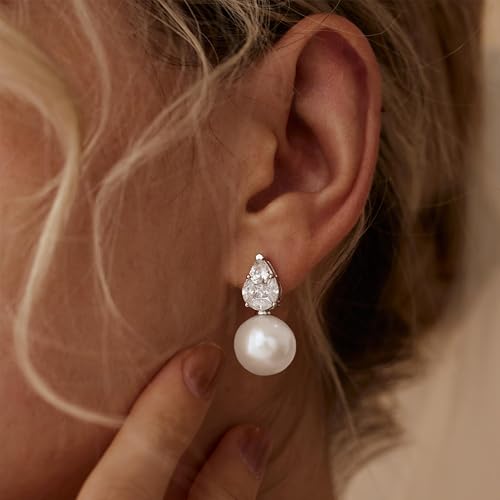 Pearl Earrings for Women, Dainty Wedding Bridal Earrings 14k Gold Plated CZ Pearl Drop Earrings for Women Trendy Hypoallergenic Unique Gold Drop Earrings Fashion Prom Jewelry - color: Silver-M
