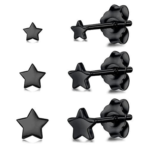3 Pairs 925 Sterling Silver Star Stud Earrings for Women,Tiny Simple Geometric Stud Earrings Set Small Hypoallergenic Cartilage Tragus Ear Jewellery for Men (3/4/5mm) - color: 11 Black-3Pairs-3/4/5mm