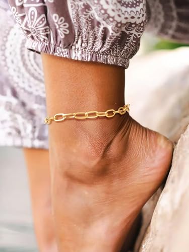 ChainsHouse Ankle Bracelets for Women, Stainless Steel Chain Anklets Waterproof, Women Summer Beach Jewelry Gift, Come with Box - color: 01. 1Pcs-(6mm)-Paperclip-14K Gold